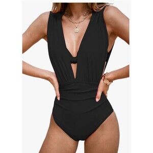 CUPSHE One Piece Swimsuit Halter Plunging Neck Bathing Suit Wide Straps NWT